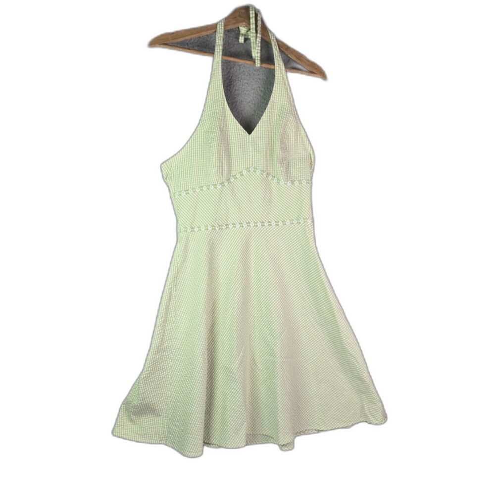 Dressbarn Halter Dress Light Green 12 Gingham Seersucker Cottagecore Floral Trim
